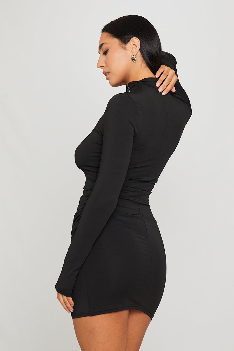 Black High Neck Long Sleeve Draped Mini Dress