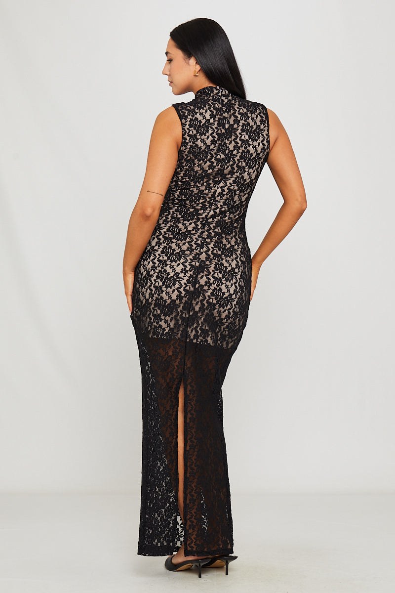 Black Lace Sleeveless Keyhole Bodycon Midi Dress