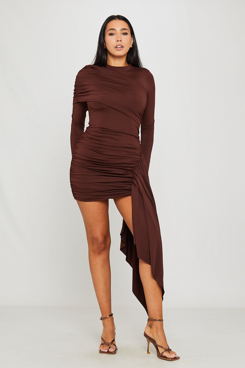 Brown High Neck Long Sleeve Draped Mini Dress
