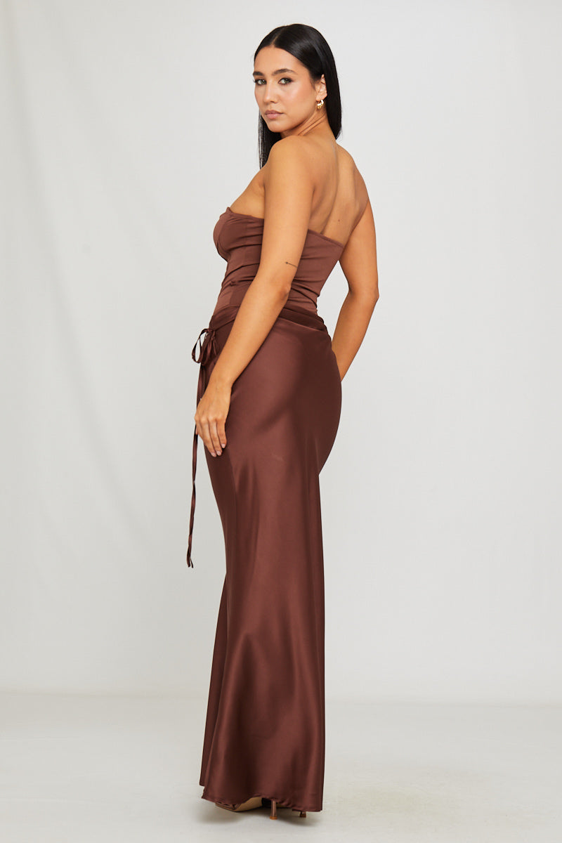 Brown Strapless Corset Bodysuit & Draped Maxi Skirt Co-Ord