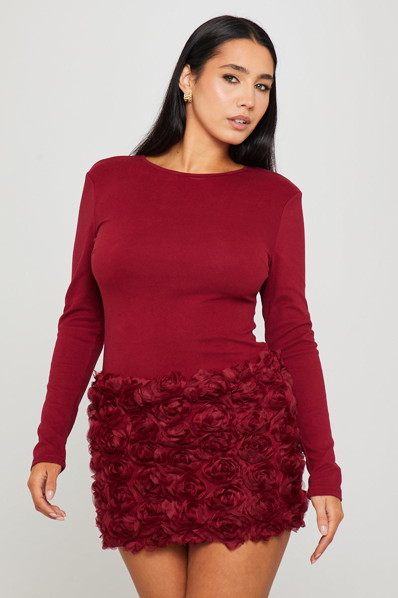 Wine Floral Textured Long Sleeve Mini Dress